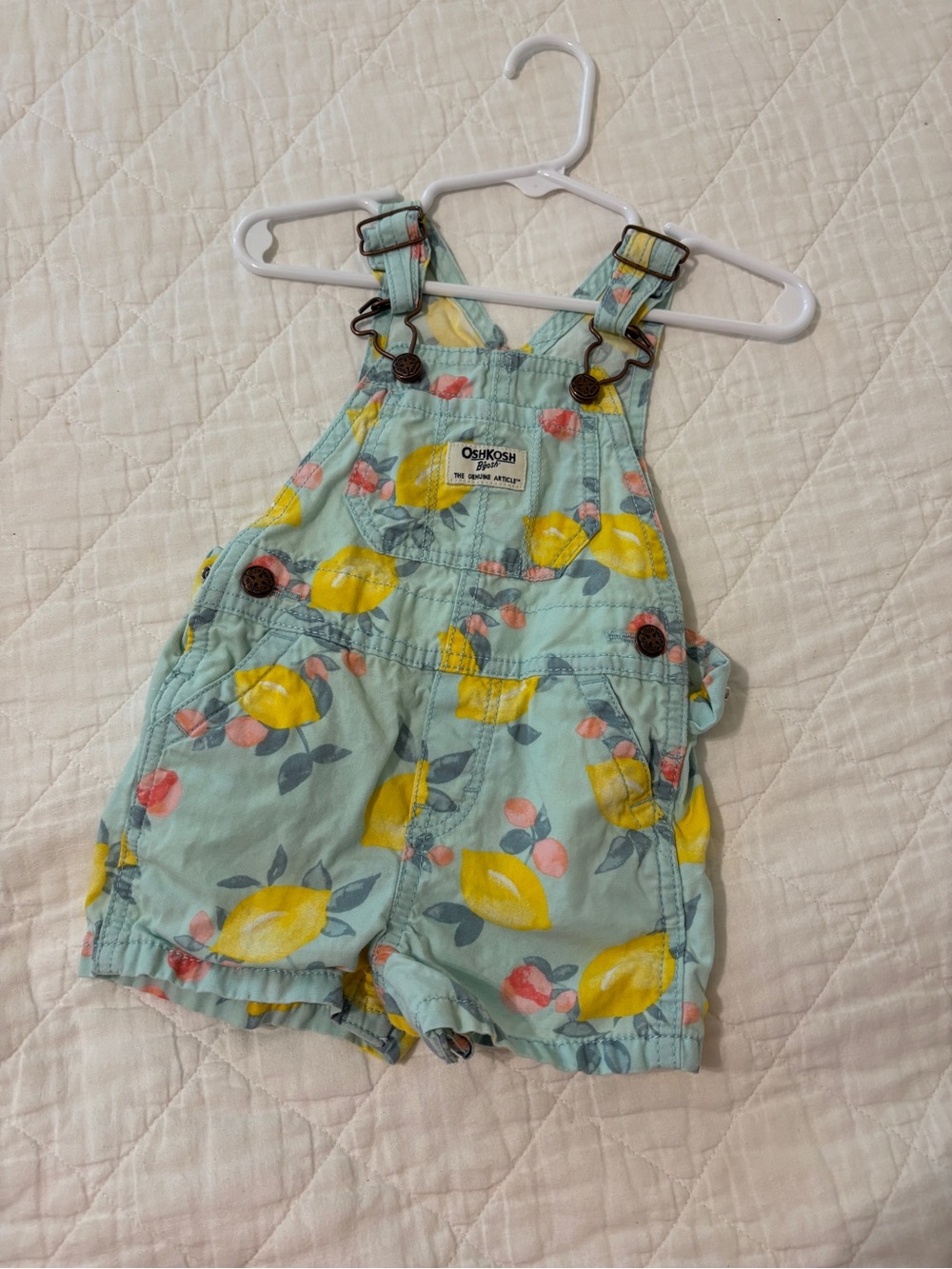 OshKosh B'gosh Mint Shortall with Yellow Lemon and Pink Floral Print